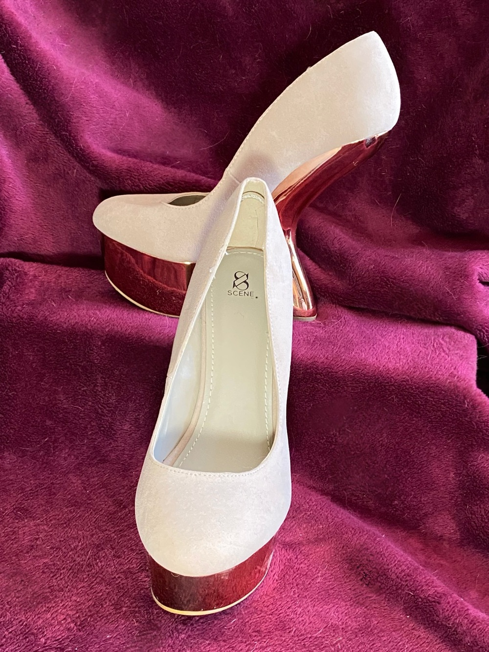 Scene Heel-Less Nude Suede Wedges (never worn)